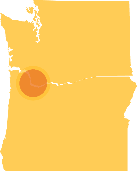 Picture of WA and OR showing service area of 50 mi from Portland