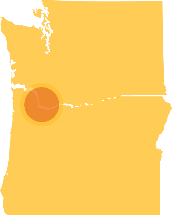 Picture of WA and OR showing service area of 50 mi from Portland